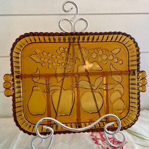 Vintage Indiana Pressed Glass Amber Divided Serving Platter With Raised Fruit Decorations, Fluted Edges, and Beaded Handles