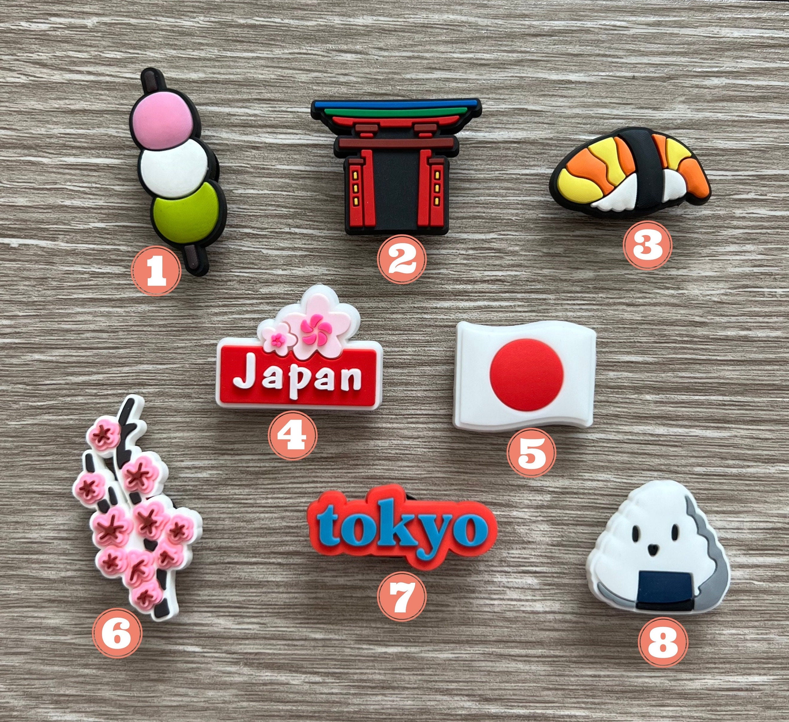 Japan Themed Shoe Charm: Tokyo Culture Clog Charms, Sushi, Sakura