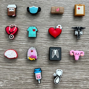 May include: A collection of medical-themed charms, including a pill bottle, face mask, bandage, clipboard, heart with stethoscope, scrubs, a heart with a nurse's hat, a caduceus with "RN", a brain, lungs, an X-ray, a uterus, a syringe, and a stethoscope.