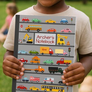 Personalized Kids Notebook – Cars & Trucks – Custom Name Construction Journal for Boys – Preschool or Kindergarten Gift