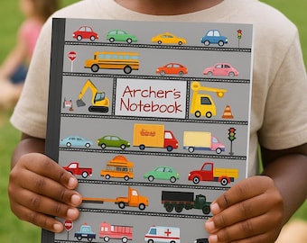 Personalized Kids Notebook – Cars & Trucks – Custom Name Construction Journal for Boys – Preschool or Kindergarten Gift
