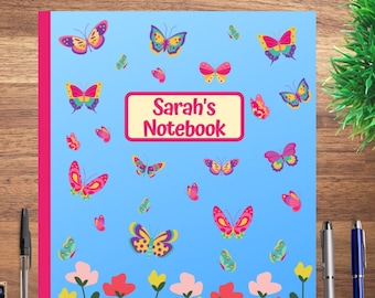 Butterfly and Nature Themed Custom Notebook for Preschool Kids, Boys, Girls, Elementary School, Cute Notebook; Pink Border