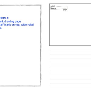 May include: A blank page with a drawing area on the left side and lined paper on the right side. The page has a title "INTERIOR OPTION 4" and instructions for use. The instructions say "Left Side: Blank drawing page" and "Right Side: Half blank on top, wide ruled lines on bottom".
