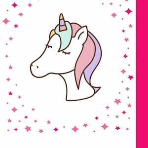 May include: A white unicorn with a pink and purple mane and a blue horn. The unicorn has its eyes closed and is surrounded by pink stars on a white background. The text "Back Cover" is at the bottom of the image.