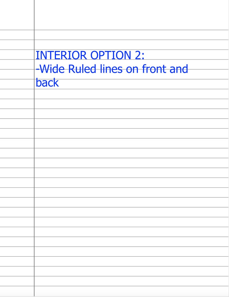 May include: A notebook with lined pages. The text "INTERIOR OPTION 2: -Wide Ruled lines on front and back" is written on the top of the page.