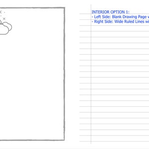 May include: A blank drawing page with a unicorn, rainbow, and stars on the left side. The right side has wide ruled lines with a unicorn watermark.