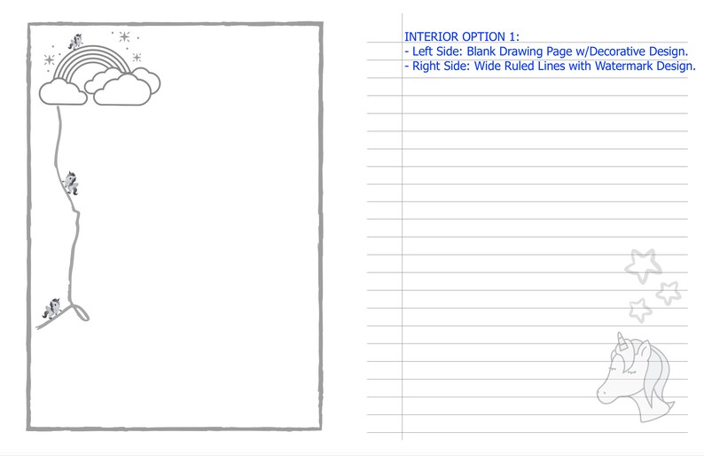 May include: A blank drawing page with a unicorn, rainbow, and stars on the left side. The right side has wide ruled lines with a unicorn watermark.