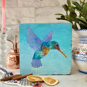 Original Acrylic Painting on Reclaimed Wood - Colorful Hummingbird - Blue, Green, Orange, Red, Purple