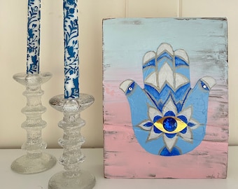Original Acrylic Painting on Reclaimed Wood - Hamsa - Blue, Pink, White, Gold