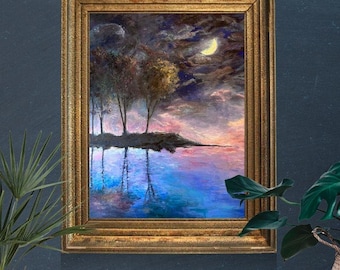 Moonlit Lake, Vertical - Wall Art Print of Original Oil Painting - Unframed - Midnight Blue, Purple, Pink
