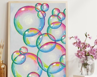Bubble Wall Art Print of Original Oil Painting - Unframed - Gray, Pink, Orange, Green, Blue, White