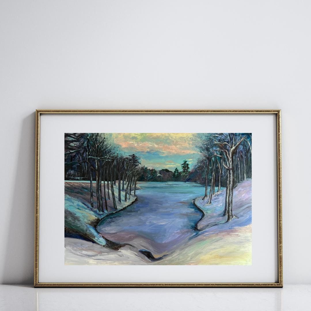 Snowy Lake - Wall Art Print of Original Oil Painting - Unframed - Peach, Pale Pink, Lavender, Periwinkle, Blue