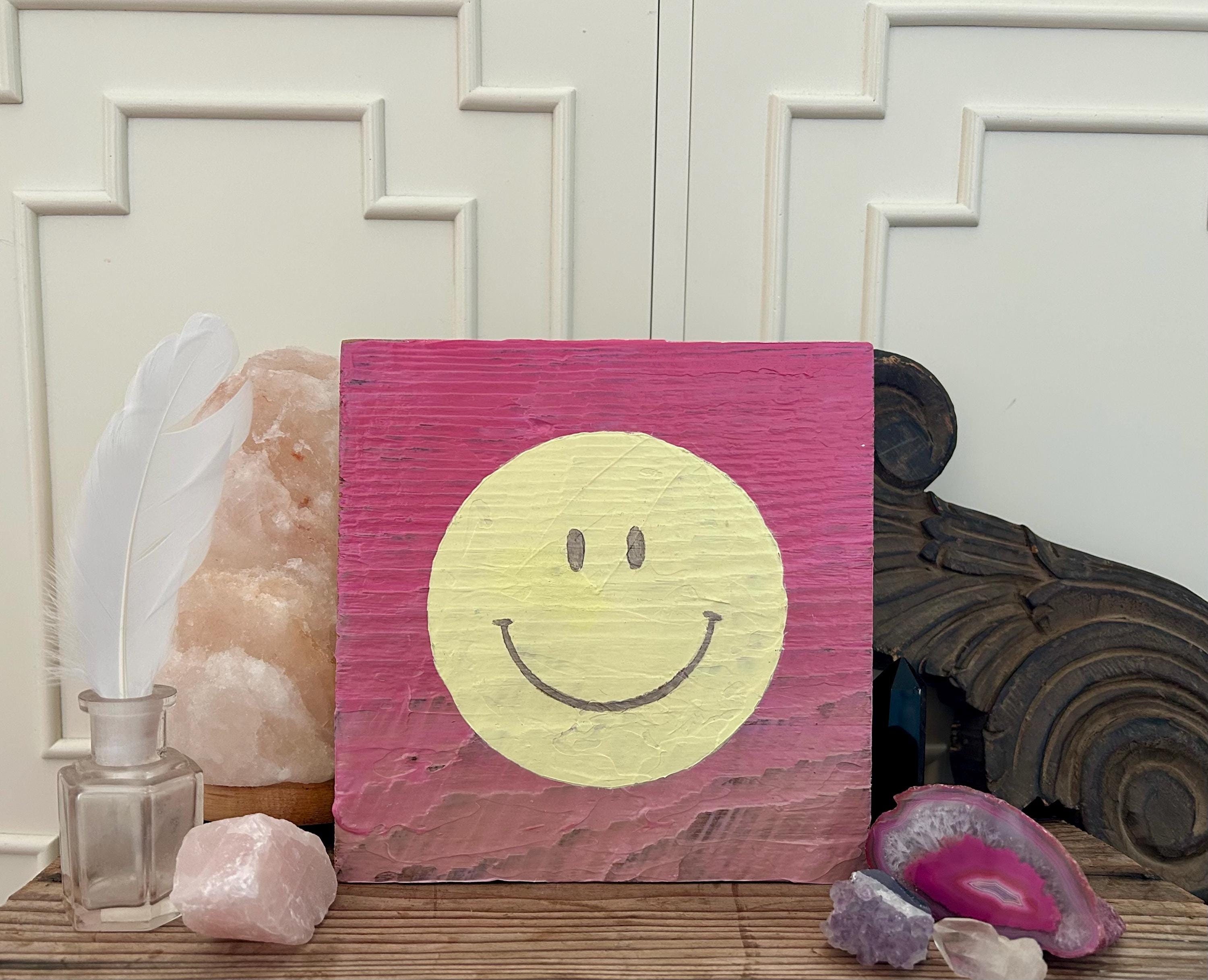 Original Acrylic Painting on Reclaimed Wood - Smiley Face - Pink, Yellow, Gold