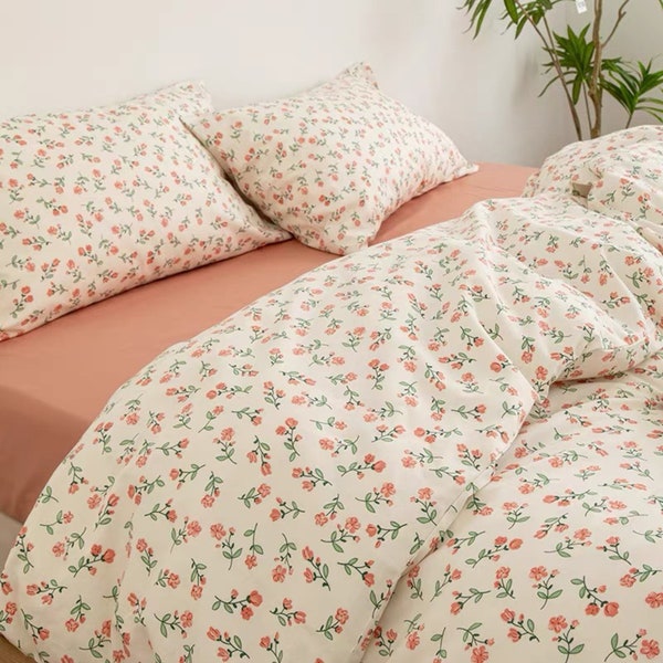 Pastel Orange 100% Cotton Duvet Cover Queen Twin Full, Bedding Cotton Floral Duvet Covers,Quilt Cover+Pillowcases Set