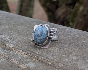 Glowing Moss Agate Ring with Adjustable Sterling Silver Band / size 8-ish