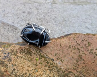 Adjustable Ring "Reflecting Pool" Black Onyx Stone set in Sterling Silver Handmade Band