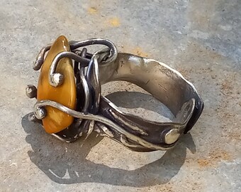 Adjustable Ring - Yellow Jasper & Handmade Sterling Silver Band / Size 8.75