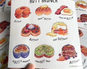 Sticker Sheet - Butt Brunch, Cute Funny Stickers of Brunch Food, Vinyl Stickers of Watercolor Illustrations