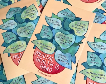 Sticker Sheet - Mental Health Is Hard, Relatable Funny Stickers With Watercolor Texture, Vinyl Sticker Set
