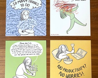 Prints - Life Is Hard, Set of 4 Mini Prints, Relatable Funny Illustrations About Adulting