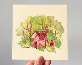 Print - Cabin in the Woods, Nature Illustration, Digital Print With Watercolor Texture