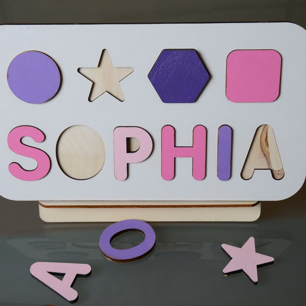 Custom name Puzzle with Geometrical Shapes - Christmas Gift For Kids - Toddler Toys - First Birthday Gift - Wooden Puzzle - Baby Shower