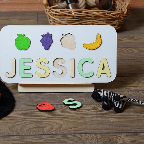 Custom name Puzzle with Fruits - Christmas Gift For Kids - Toddler Toys - First Birthday Gift - Wooden Puzzle - Baby Shower