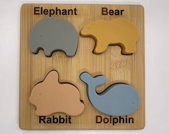 Wooden Animal Figures Puzzle Set- Silicone Animal Figures- Custom Engraved Puzzle Toy - Forest Animals Toy Set