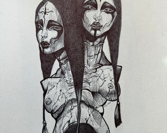 Goth ORIGINAL DRAWING…Goth/Dark Siamese twins ink stippling portrait done by hand.  Unframed size is 14” x 11”. Dot work/line work.