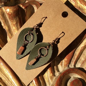 Sage Green pinched leather earrings with green and pink Indian unakite gemstones and brass findings.