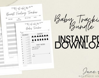 May include: Printable baby tracking bundle with three pages: Breast Feeding Tracker, Baby Tracker, and Pumping. The pages are black and white with a simple design and include sections for recording feeding times, diaper changes, and daily notes.