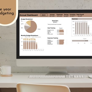 Puede incluir: Una pantalla de ordenador que muestra un panel de control de presupuestación a cinco años con gráficos y diagramas. El panel de control incluye secciones para ingresos, gastos, ahorro, inversión y pago de deudas. El panel de control también incluye una sección de objetivo cero con una barra de progreso. El panel de control se titula "Panel de control anual 2023".