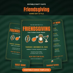 Könnte beinhalten: Ein bearbeitbares Friendsgiving-Party-Set in Dunkelgrün mit orangefarbenem Text. Enthält Einladungen, ein Menü und Platzkarten mit Symbolen für Football, Truthahnkeule, Getränke und Cocktails. Text: "Friendsgiving", "Game Day Style" und "Food. Football. Friends. Repeat."