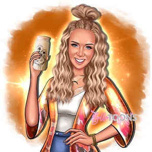 Puede incluir: Ilustraci&oacute;n digital de una mujer con cabello rubio rizado sosteniendo un frasco de alba&ntilde;il con dise&ntilde;o floral y las palabras "Good Morning". Lleva un kimono floral colorido y un collar. El fondo es un degradado naranja c&aacute;lido.