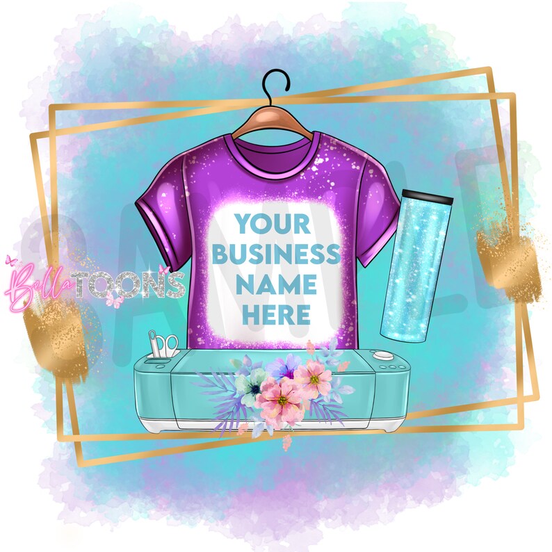 May include: A purple t-shirt with a white design that says "YOUR BUSINESS NAME HERE" hanging on a wooden hanger. A teal Cricut machine with a white design and a glitter tumbler are also in the image.