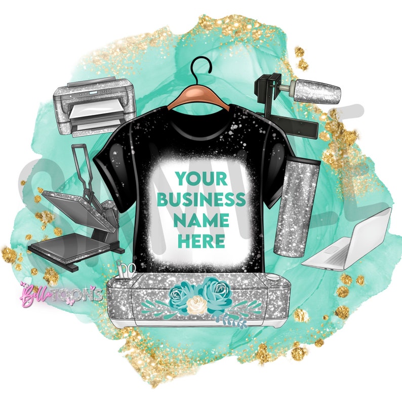 May include: A black t-shirt with the text "YOUR BUSINESS NAME HERE" on it, surrounded by various crafting supplies including a heat press, a Cricut machine, a printer, and a glitter tumbler. The background is a watercolor wash of teal and gold glitter.