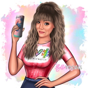 Puede incluir: Ilustraci&oacute;n de una mujer con una camiseta roja con las palabras "Peace Love Autism" y un dise&ntilde;o de pieza de rompecabezas colorido. Sostiene un vaso con un dise&ntilde;o de personaje azul y el nombre "Bren". La obra tiene un fondo de acuarela.
