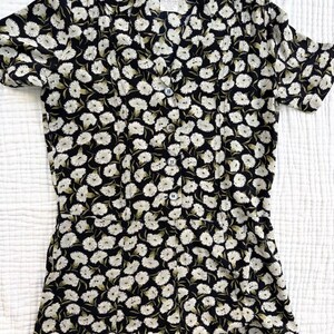 Vintage 1990s Laura Ashley Silk Floral Dress Size 8 Black White Button Front