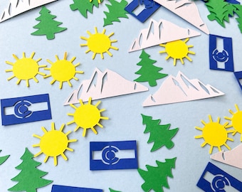 Confetti- Colorado State- Flag, Mountain, Sun, Tree- 150 pieces | Hiking Theme | CO Party | Outdoor Shower | Mini Table Decor |