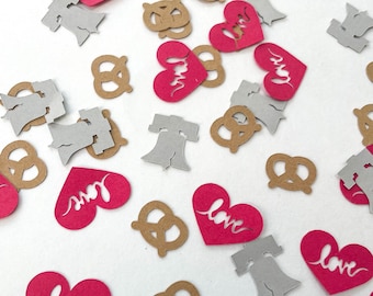 Confetti- Philadelphia Soft Pretzel, Love Heart and Liberty Bell- 190 pieces | Pennsylvania Theme | Philly Party | Mini Table Decor |