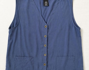 Halston Heritage 90s Blue Tencel Vest Minimalist Boxy Button Front Relaxed Fit Size 12