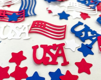 Confetti- Patriotic- Flag, USA, Stars- 180 pieces | America Theme | 4th of July Party  | Red, White and Blue Shower | Mini Table Decoration