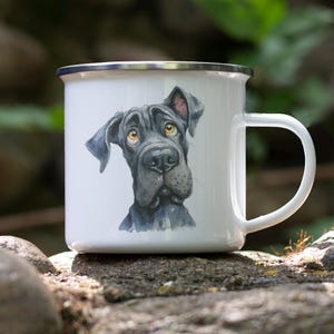 Cartoon Cane Corso Enamel Camping Mug – Watercolor Impasto Art Dog Tin Cup, Rustic Outdoor Coffee Mug Gift for Dog Lovers