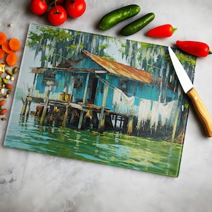 Rustic Bayou Fishing Shack Cutting Board: Vintage Coastal Kitchen Decor