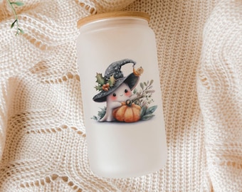 Ghost Witch Frosted Glass Tumbler - Spooky Halloween Drinkware