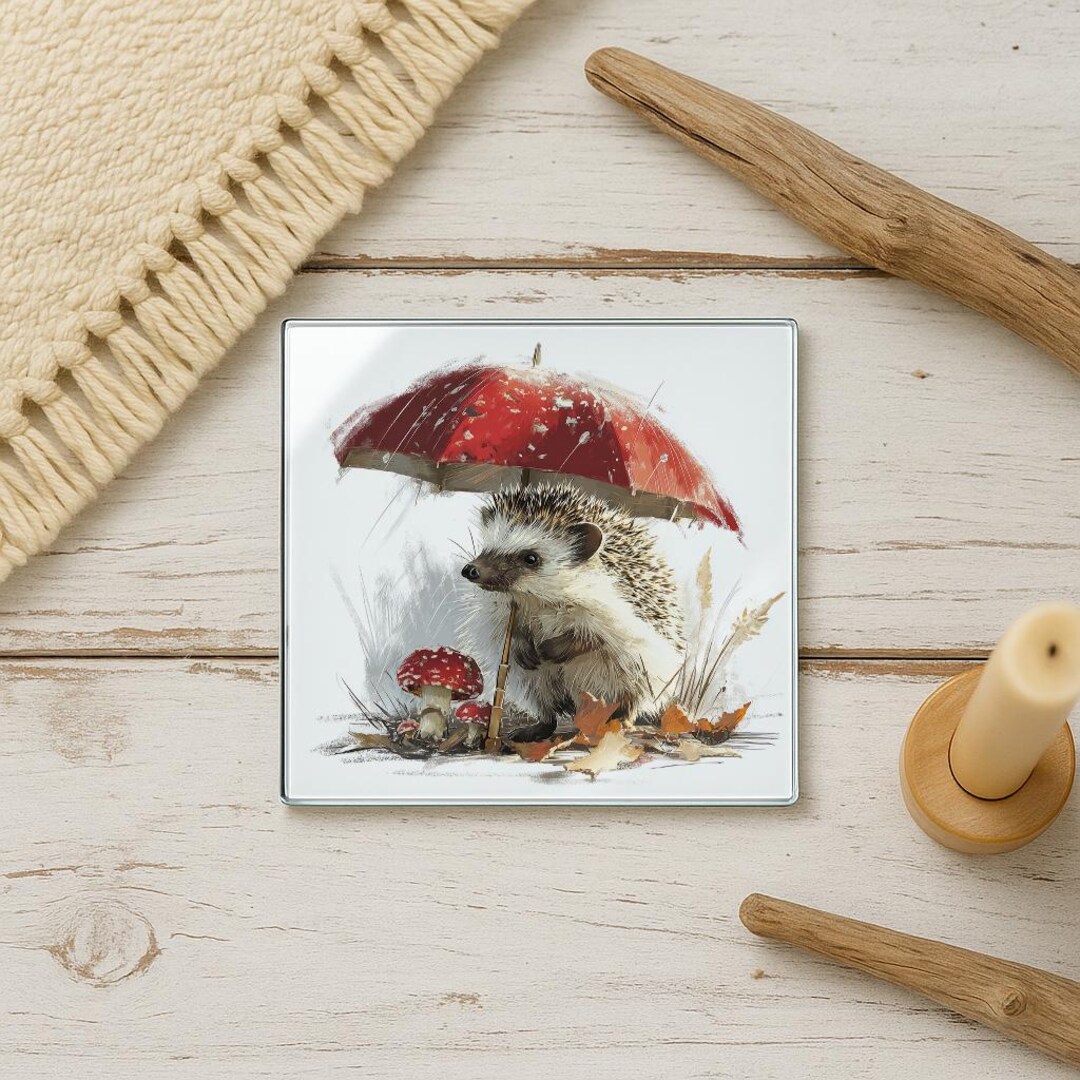 Hedgehog Toadstool Glass Coaster: Whimsical Woodland Drink Coaster - Etsy