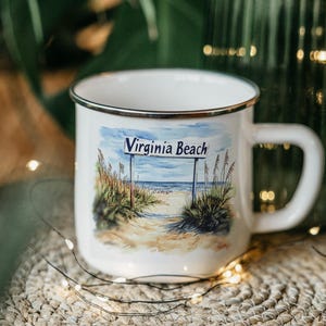 Virginia Beach Enamel Camping Mug: Animated Watercolor Coastal Gift