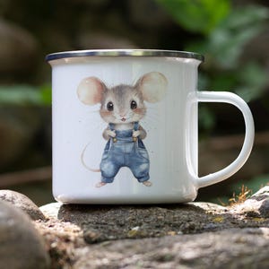 Kawaii Mouse Enamel Camping Mug: Watercolor Animal Art Cup
