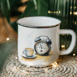 Funny Shocked Alarm Clock Enamel Mug: Humorous Coffee Cup, Camping Gift