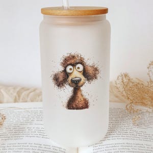 Cartoon Poodle Glass Tumbler – Watercolor Impasto Dog Art Cup, Cute Pet Lover Gift, Artistic Drinking Glass